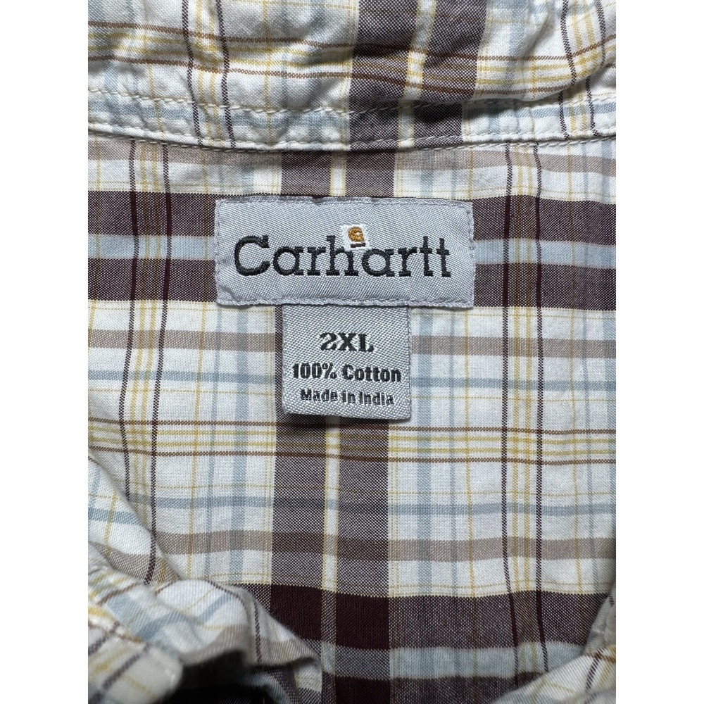 Carhartt Shirt Mens 2XL Brown Plaid Button Down Short Sleeve Shirt - Picture 2 of 5